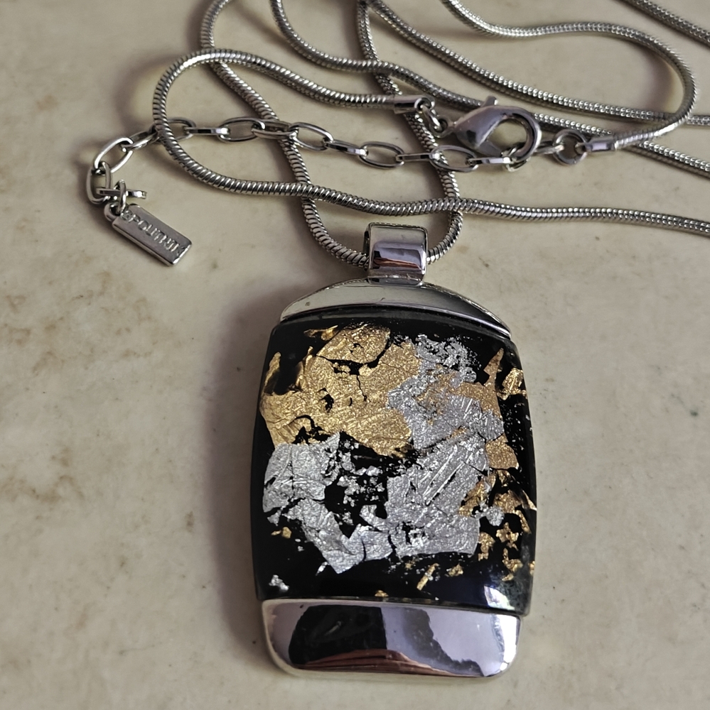 Signed Spoutnik Long Pendant Necklace with Gold and Silver Abstract Accents